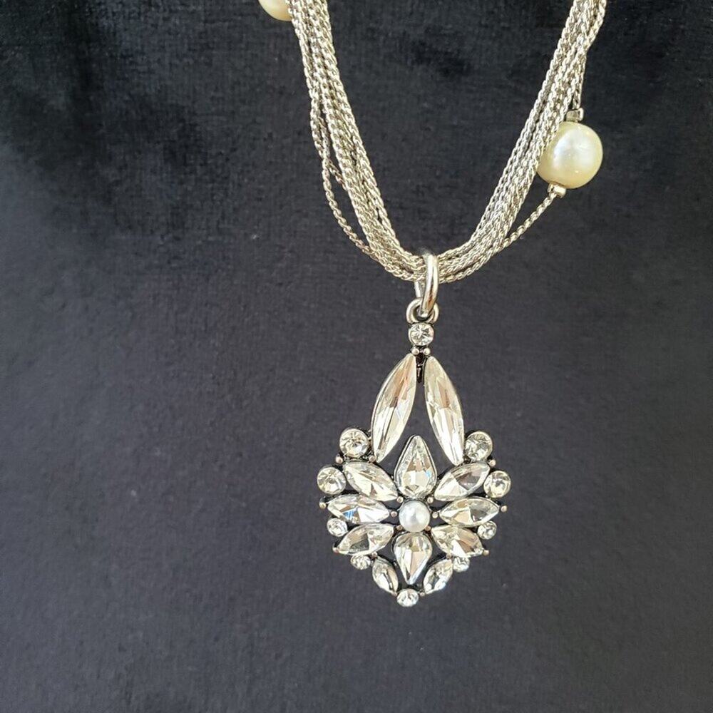 Womens Silver Tone Multi Layered Chains Dainty Faux Pearl Necklace with Lobster - Picture 3 of 7